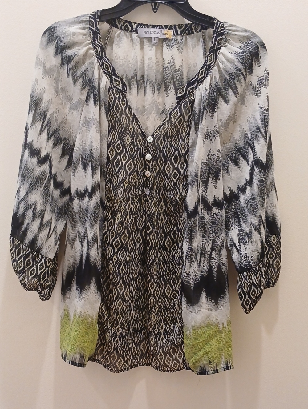 Figueroa & Flower Peasant Black/White/Lime Ethereal Blouse Large